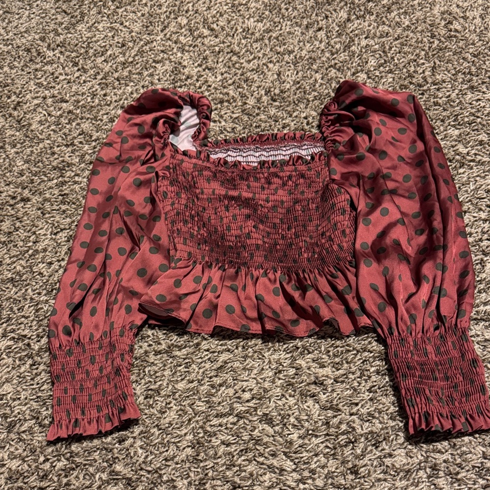 Zara Burgundy Polka Dot Smocked Blouse